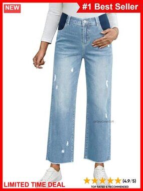 Maternity Wide Leg Ripped Jeans Raw Hem Stretchy Denim